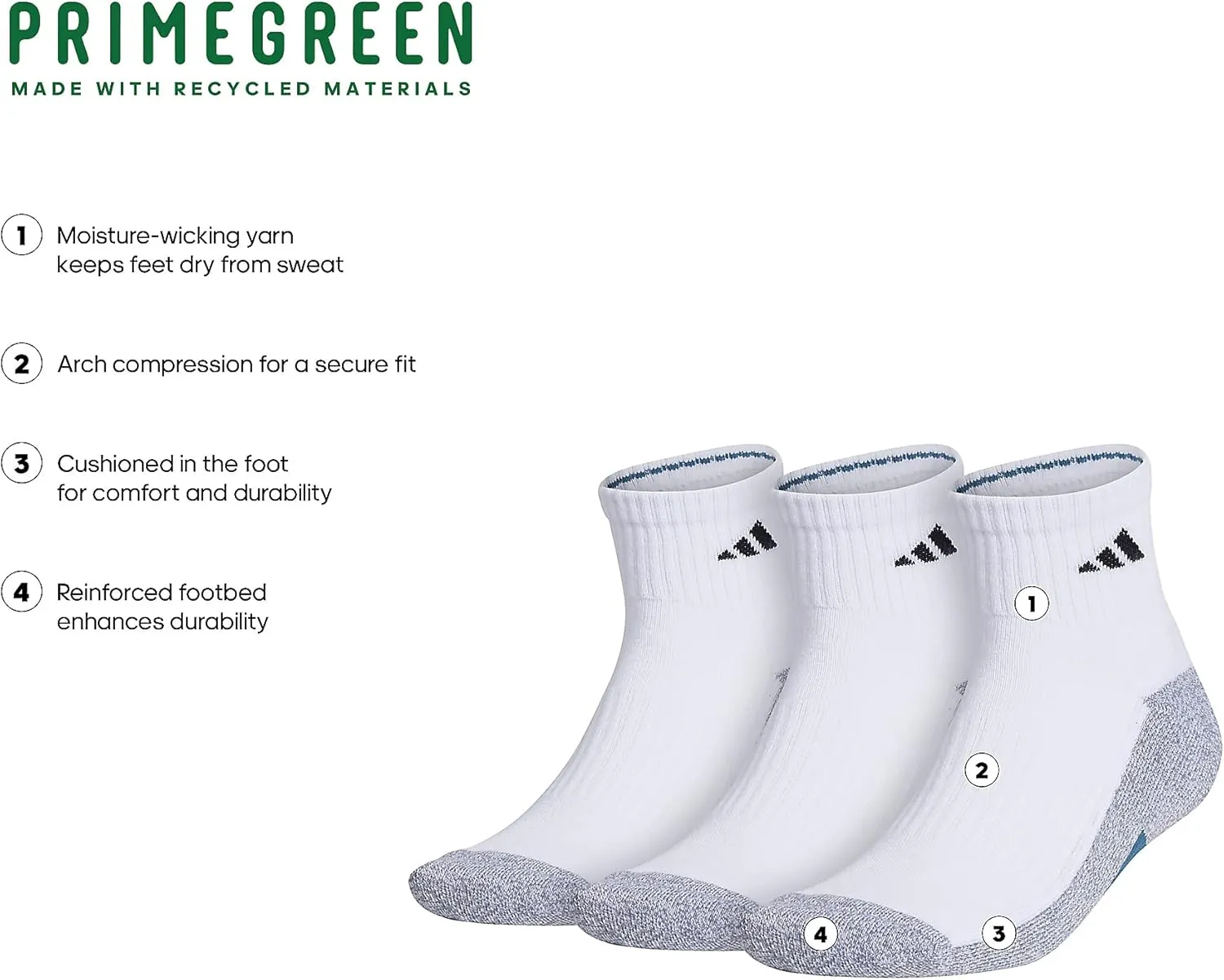 adidas Men's Socks, Athletic Cushioned Quarter 3-Pack, Compression, Moisture-Wicking, Comfortable, Durable