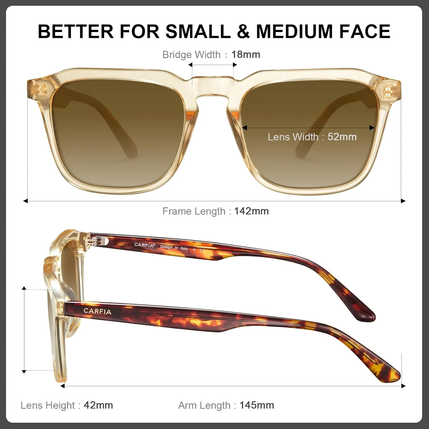 CARFIA Square Sunglasses for Men Polarized Retro 60s Design, Hand-crafted Acetate, UV400 Protection Cool Sun Glasses