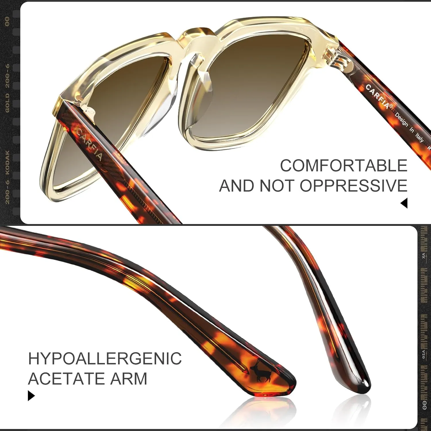 CARFIA Square Sunglasses for Men Polarized Retro 60s Design, Hand-crafted Acetate, UV400 Protection Cool Sun Glasses
