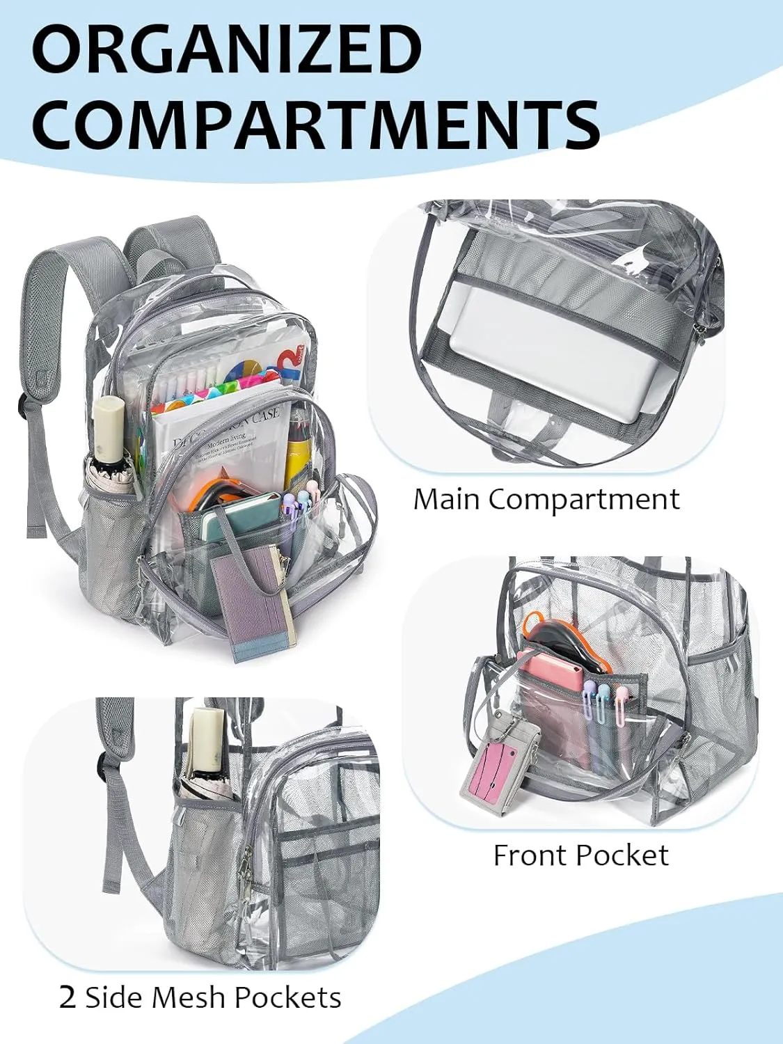 Clear Backpack Heavy Duty, 17 Inch Large TPU Clear Bookbag for Boys Girls Adult, See Through Book Bag Transparent Backpacks with Multiple Pockets for School College Work Casual, Light Grey