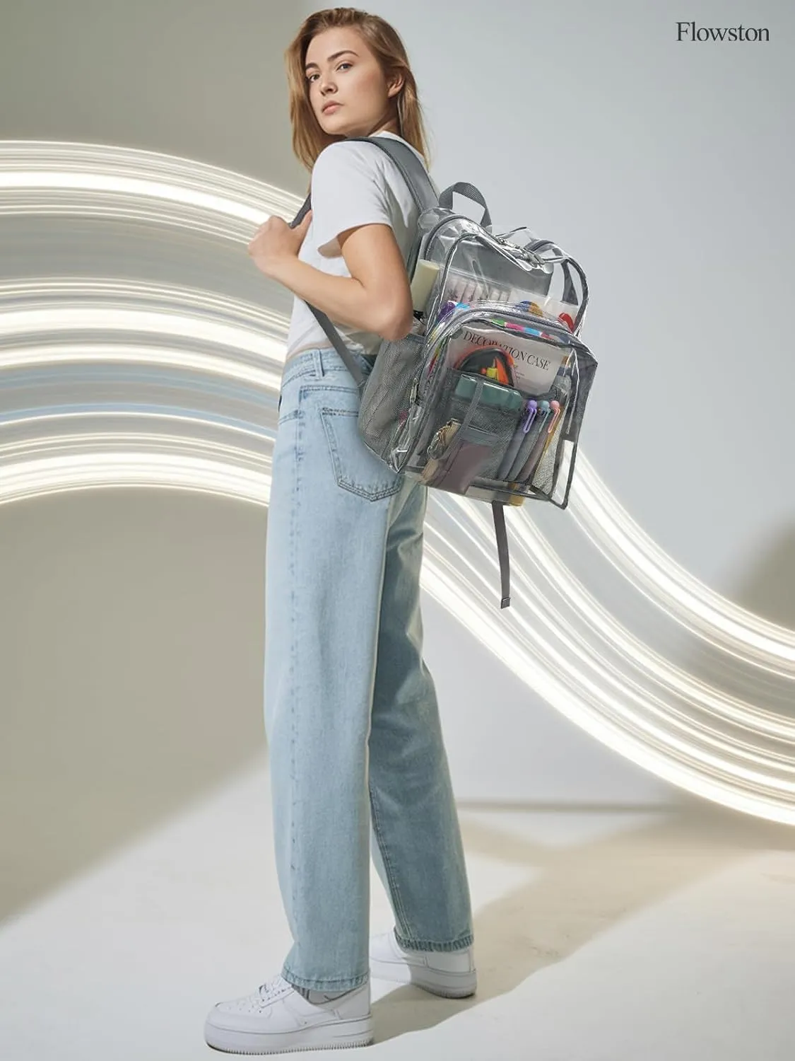 Clear Backpack Heavy Duty, 17 Inch Large TPU Clear Bookbag for Boys Girls Adult, See Through Book Bag Transparent Backpacks with Multiple Pockets for School College Work Casual, Light Grey
