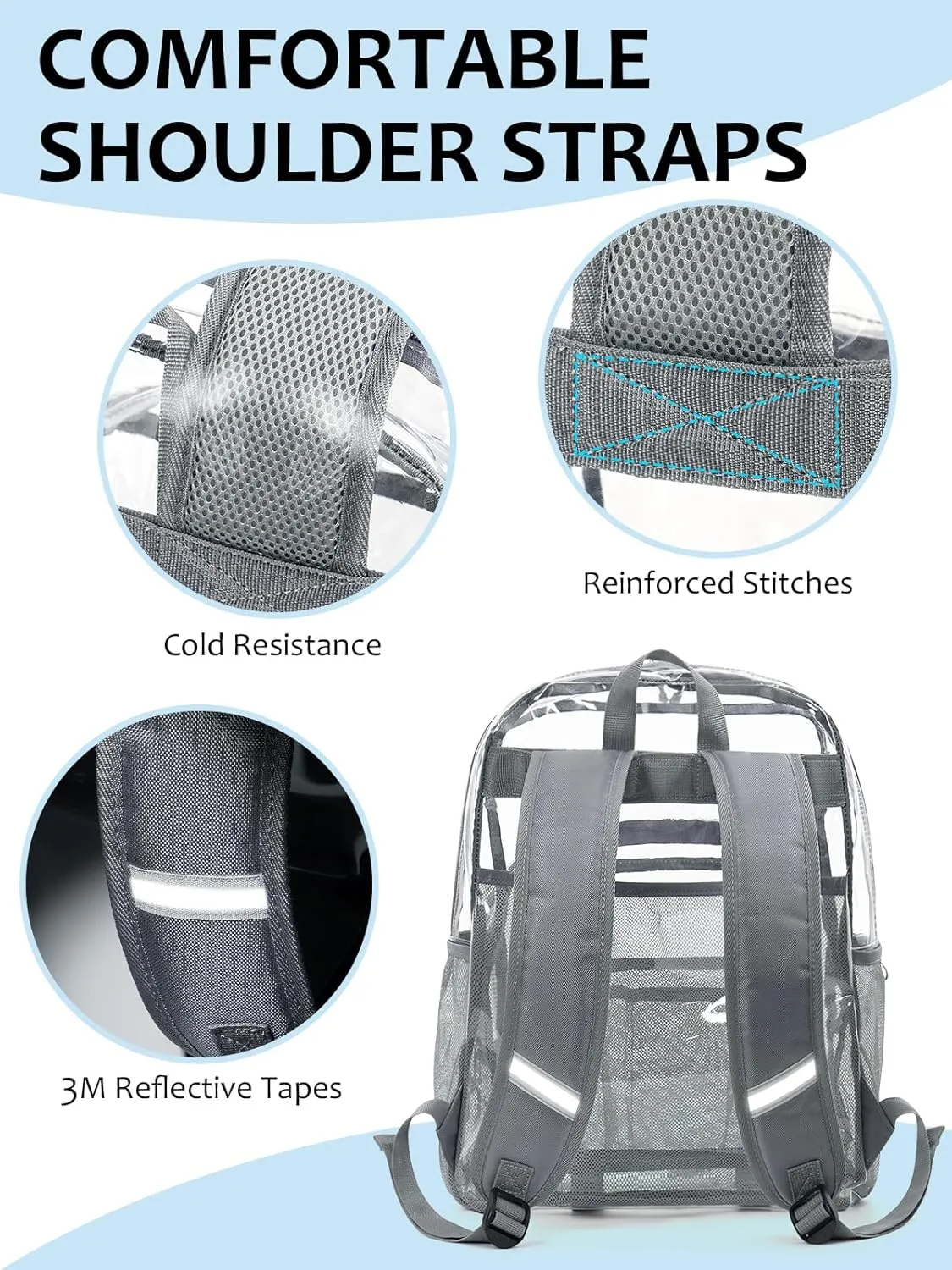 Clear Backpack Heavy Duty, 17 Inch Large TPU Clear Bookbag for Boys Girls Adult, See Through Book Bag Transparent Backpacks with Multiple Pockets for School College Work Casual, Light Grey