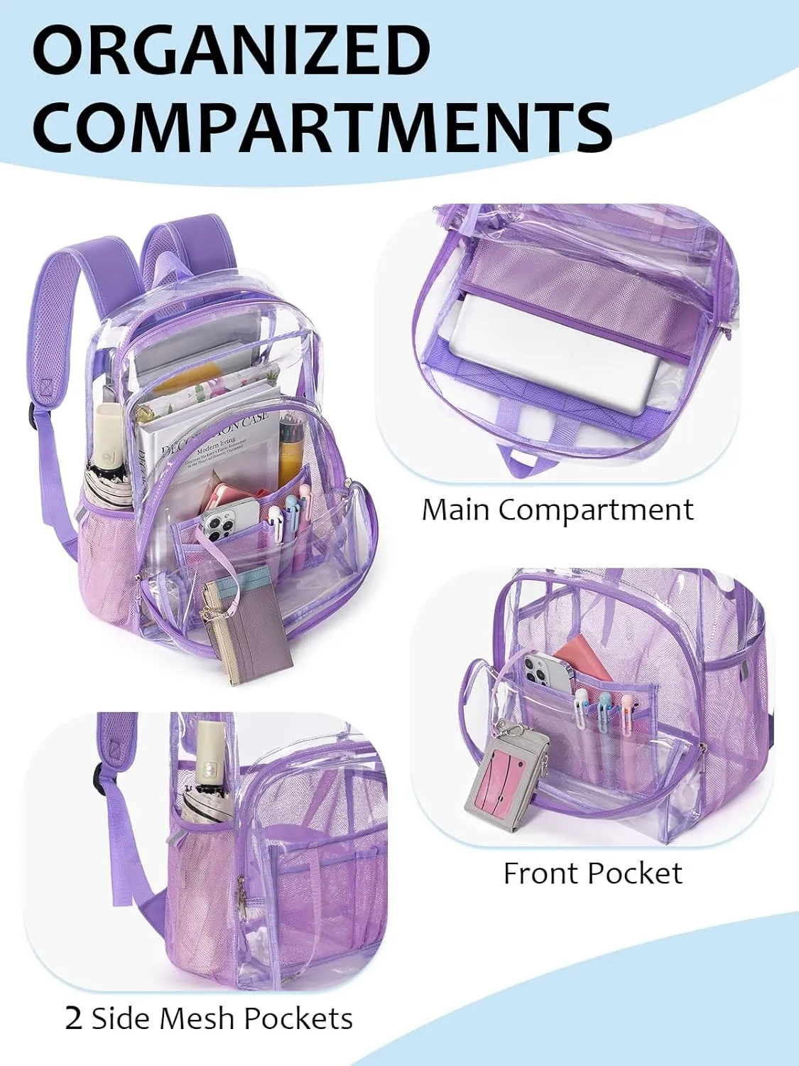 Clear Backpack Heavy Duty, 17 Inch Large TPU Clear Bookbag for Boys Girls Adult, See Through Book Bag Transparent Backpacks with Multiple Pockets for School College Work Casual, Light Purple