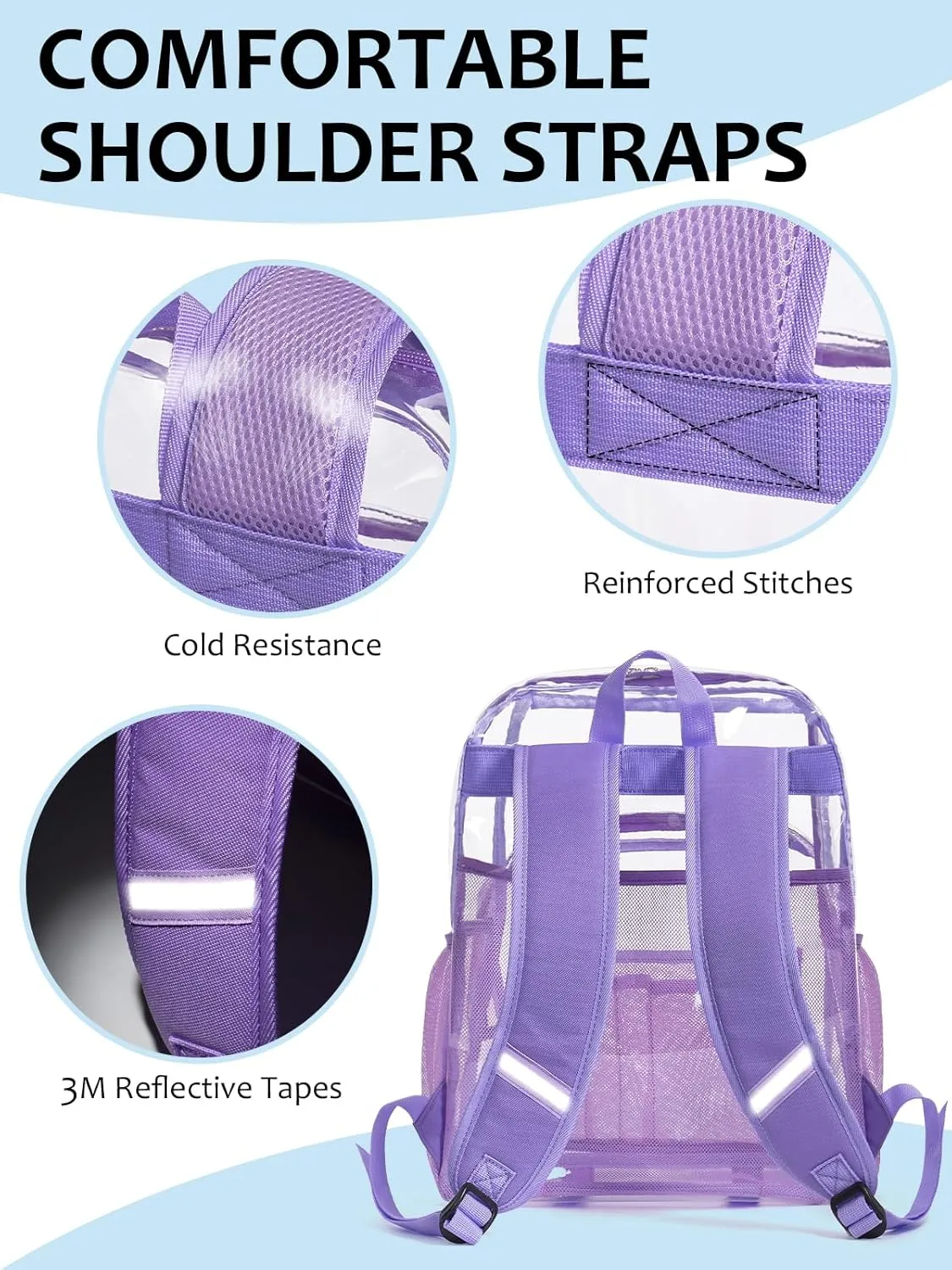 Clear Backpack Heavy Duty, 17 Inch Large TPU Clear Bookbag for Boys Girls Adult, See Through Book Bag Transparent Backpacks with Multiple Pockets for School College Work Casual, Light Purple