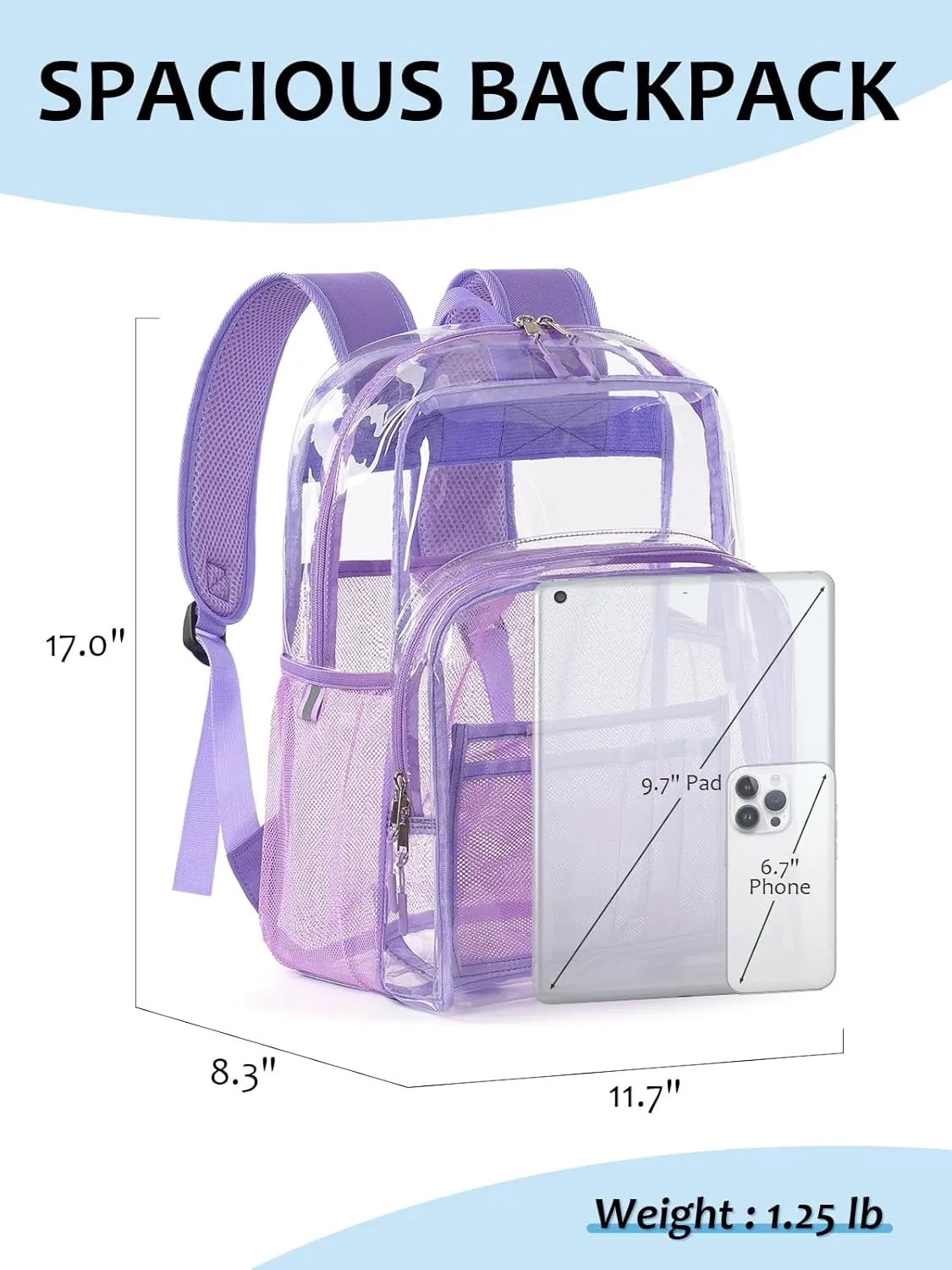 Clear Backpack Heavy Duty, 17 Inch Large TPU Clear Bookbag for Boys Girls Adult, See Through Book Bag Transparent Backpacks with Multiple Pockets for School College Work Casual, Light Purple