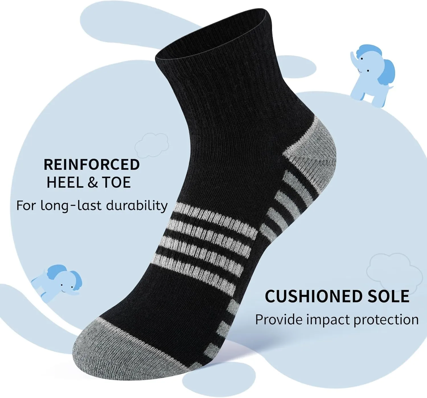 Comfoex Boys Athletic Quarter Socks - Ankle Sports Socks With Cushioned Sole - 6 Pairs, Sizes 4-6, 6-8, 8-10 Years Old