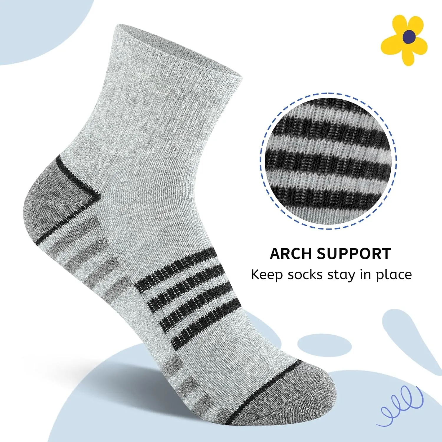 Comfoex Boys Athletic Quarter Socks - Ankle Sports Socks With Cushioned Sole - 6 Pairs, Sizes 4-6, 6-8, 8-10 Years Old
