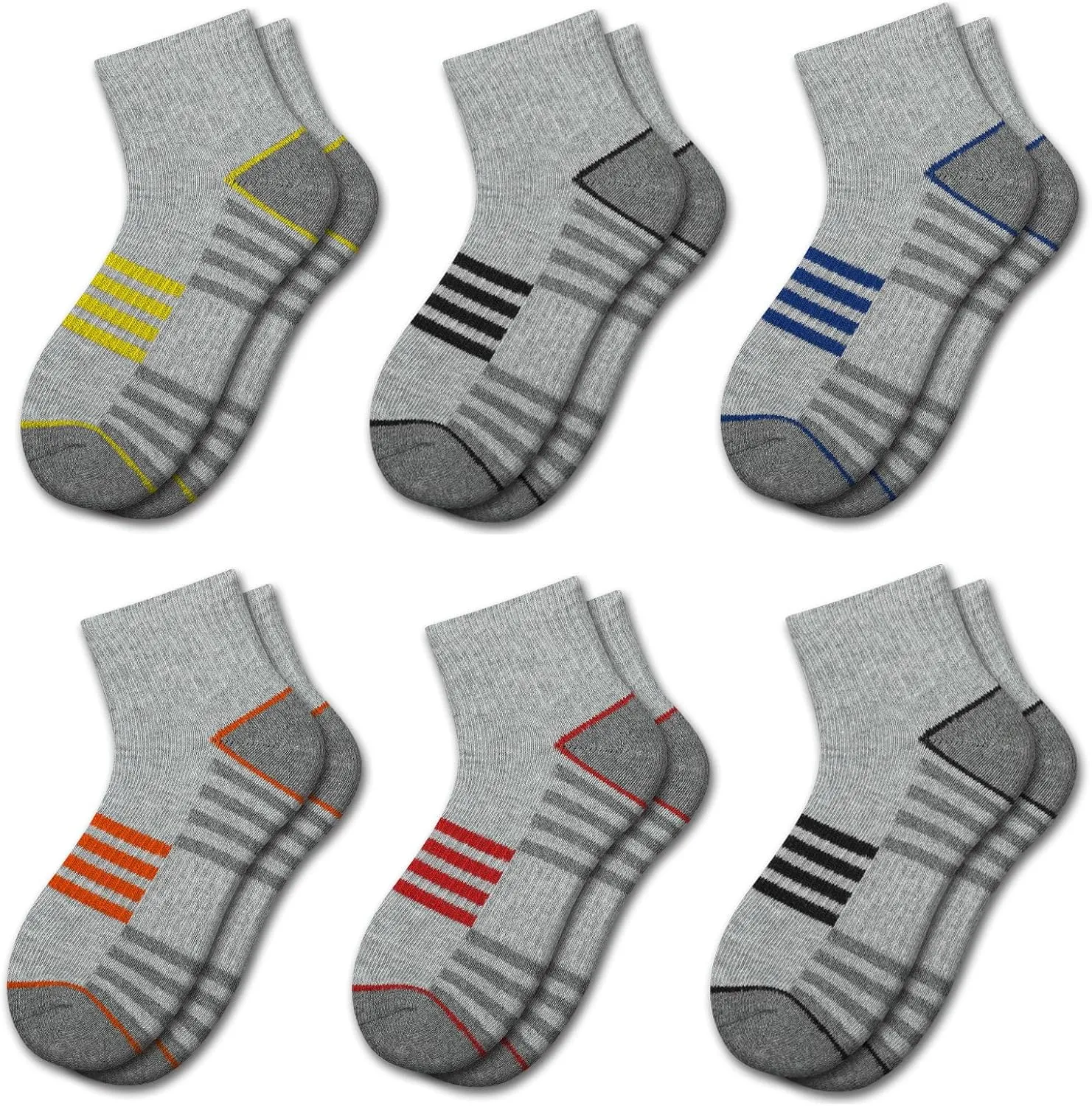 Comfoex Boys Athletic Quarter Socks - Ankle Sports Socks With Cushioned Sole - 6 Pairs, Sizes 4-6, 6-8, 8-10 Years Old