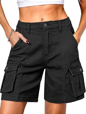 ELLEVEN Bermuda Cargo Shorts Women, Elastic High Waist 6 Pockets Shorts 7 Inch Inseam Summer Jorts for Women Casual