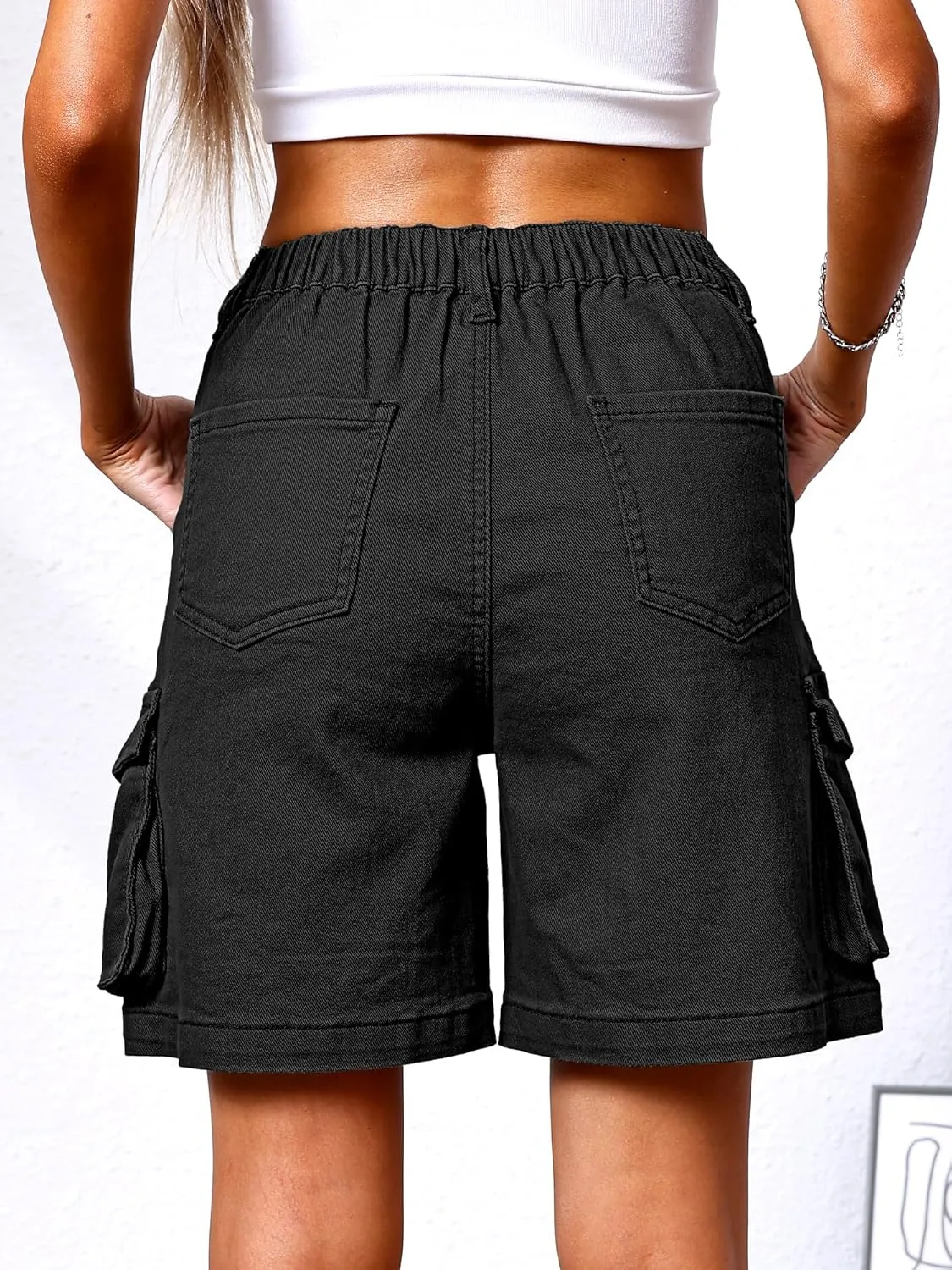 ELLEVEN Bermuda Cargo Shorts Women, Elastic High Waist 6 Pockets Shorts 7 Inch Inseam Summer Jorts for Women Casual