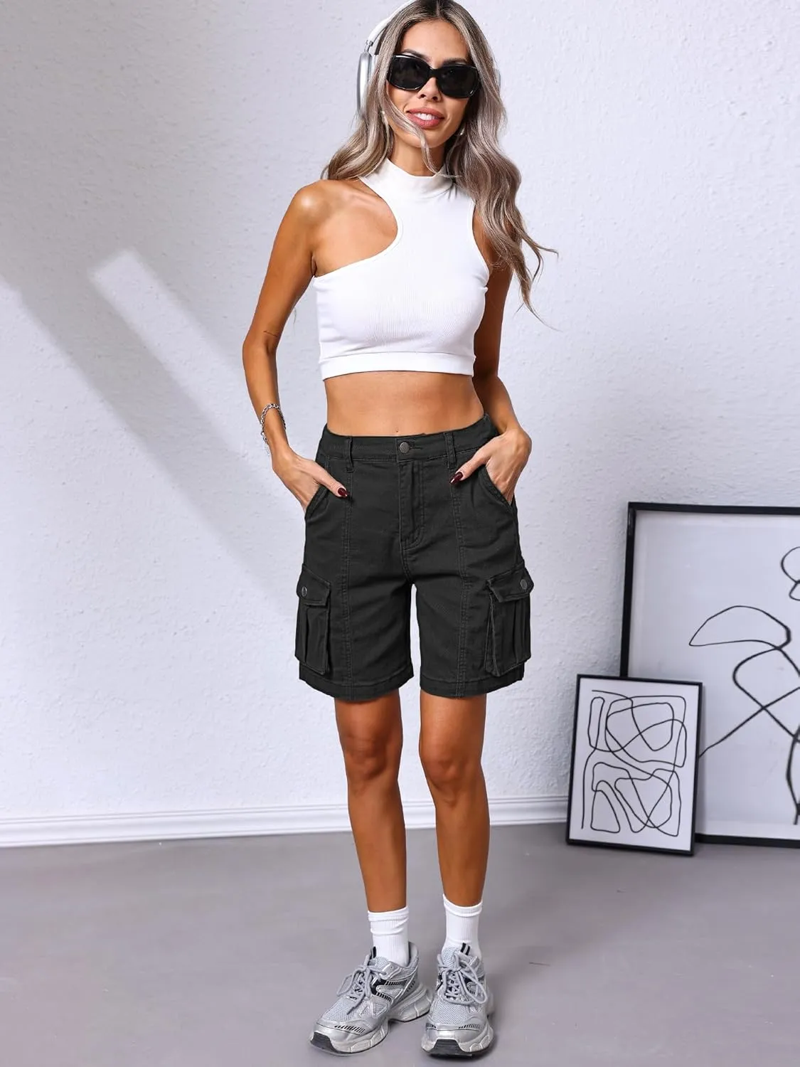 ELLEVEN Bermuda Cargo Shorts Women, Elastic High Waist 6 Pockets Shorts 7 Inch Inseam Summer Jorts for Women Casual