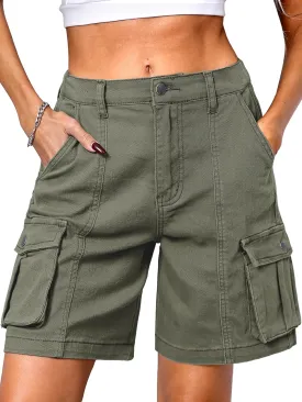 ELLEVEN Bermuda Cargo Shorts Women, Elastic High Waist 6 Pockets Shorts 7 Inch Inseam Summer Jorts for Women Casual