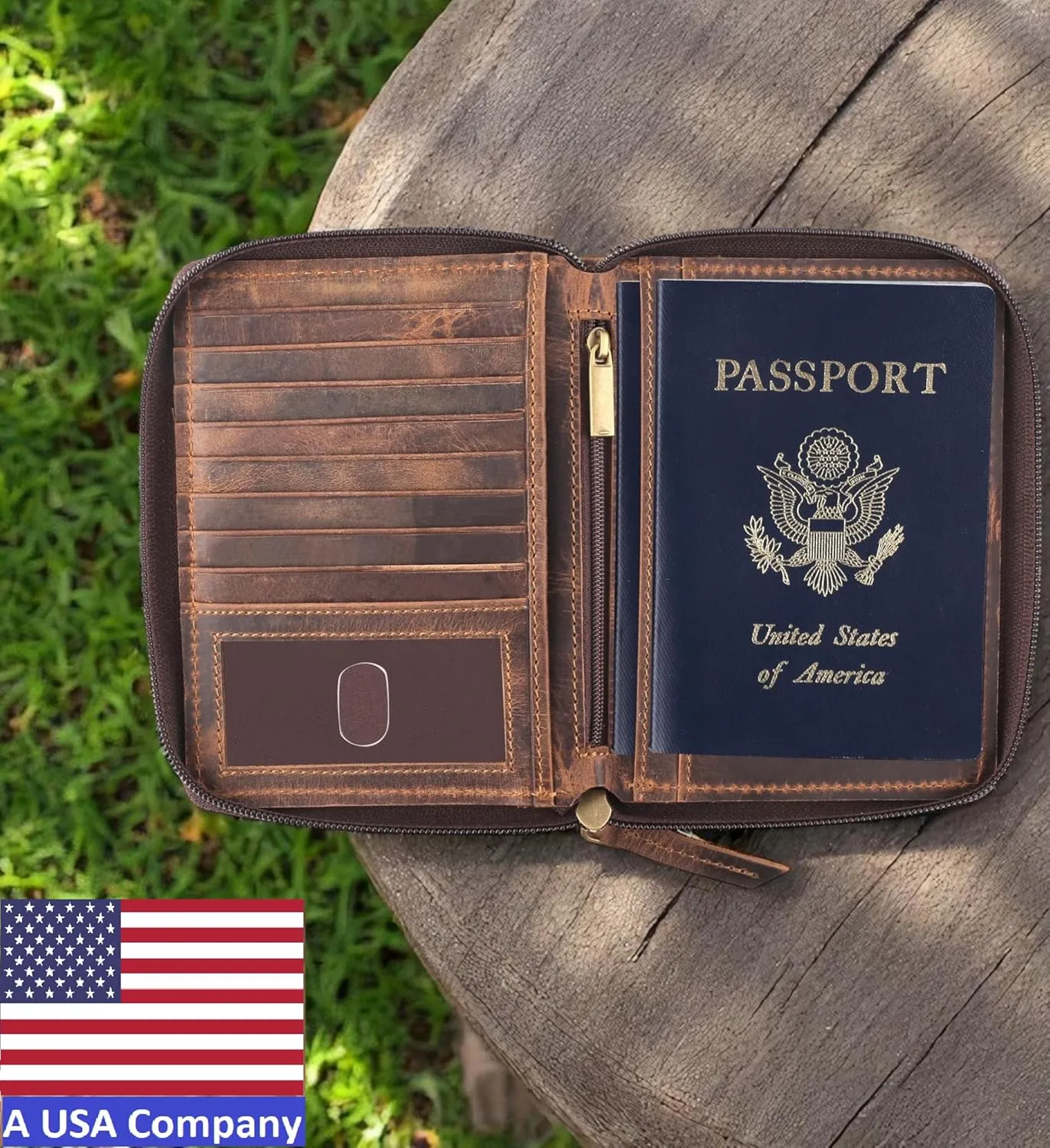 Passport Wallet - Travel Document Holder w/RFID Blocking ?C Full Grain Leather ?C Bifold compact zip around Wallet with Credit Card Slots for Women and Men, brown flag, 500-32