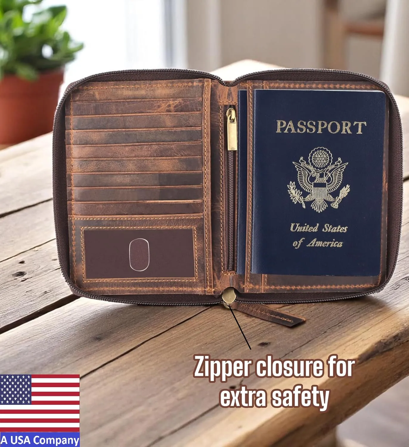Passport Wallet - Travel Document Holder w/RFID Blocking ?C Full Grain Leather ?C Bifold compact zip around Wallet with Credit Card Slots for Women and Men, brown flag, 500-32