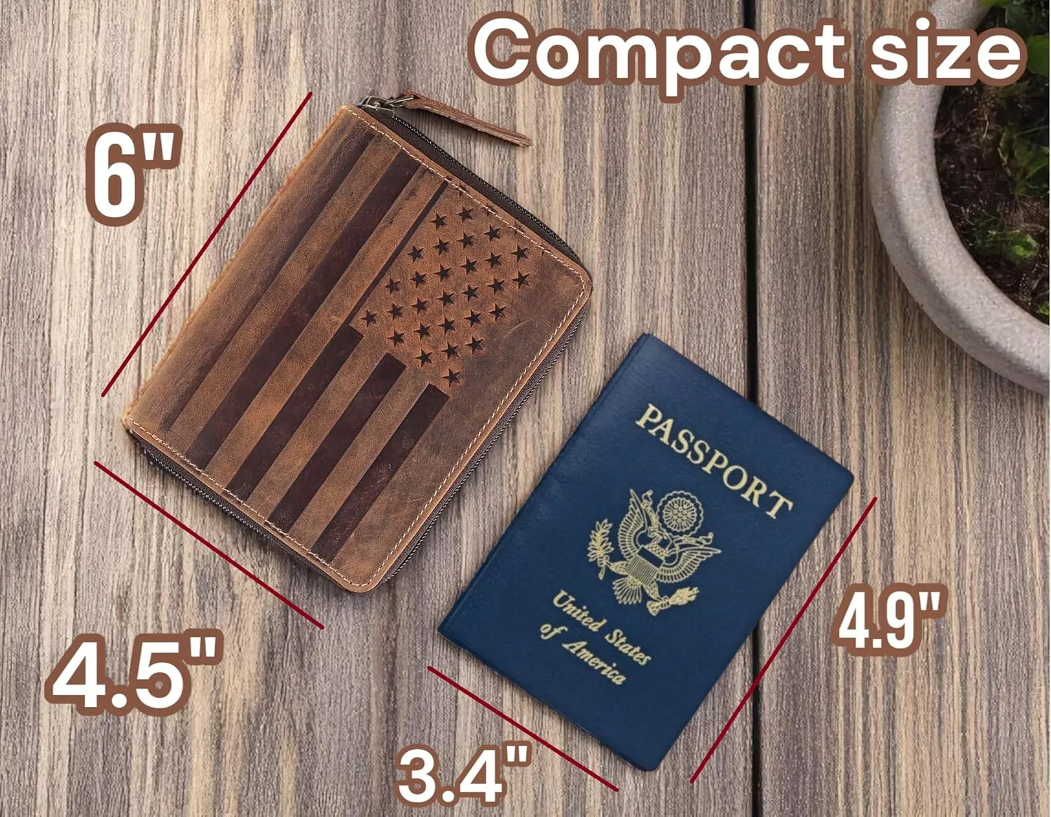 Passport Wallet - Travel Document Holder w/RFID Blocking ?C Full Grain Leather ?C Bifold compact zip around Wallet with Credit Card Slots for Women and Men, brown flag, 500-32