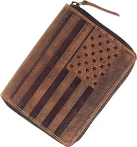 Passport Wallet - Travel Document Holder w/RFID Blocking ?C Full Grain Leather ?C Bifold compact zip around Wallet with Credit Card Slots for Women and Men, brown flag, 500-32