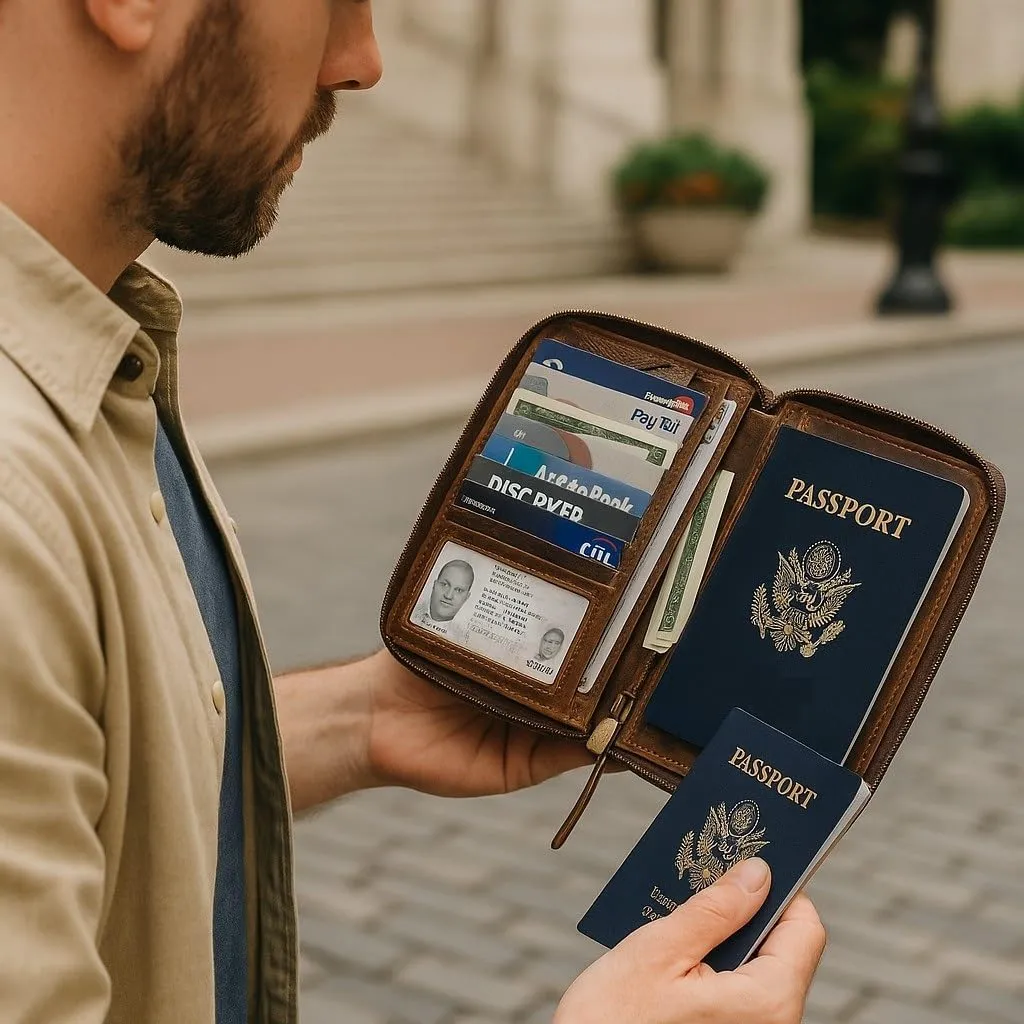 Passport Wallet - Travel Document Holder w/RFID Blocking ?C Full Grain Leather ?C Bifold compact zip around Wallet with Credit Card Slots for Women and Men, brown flag, 500-32
