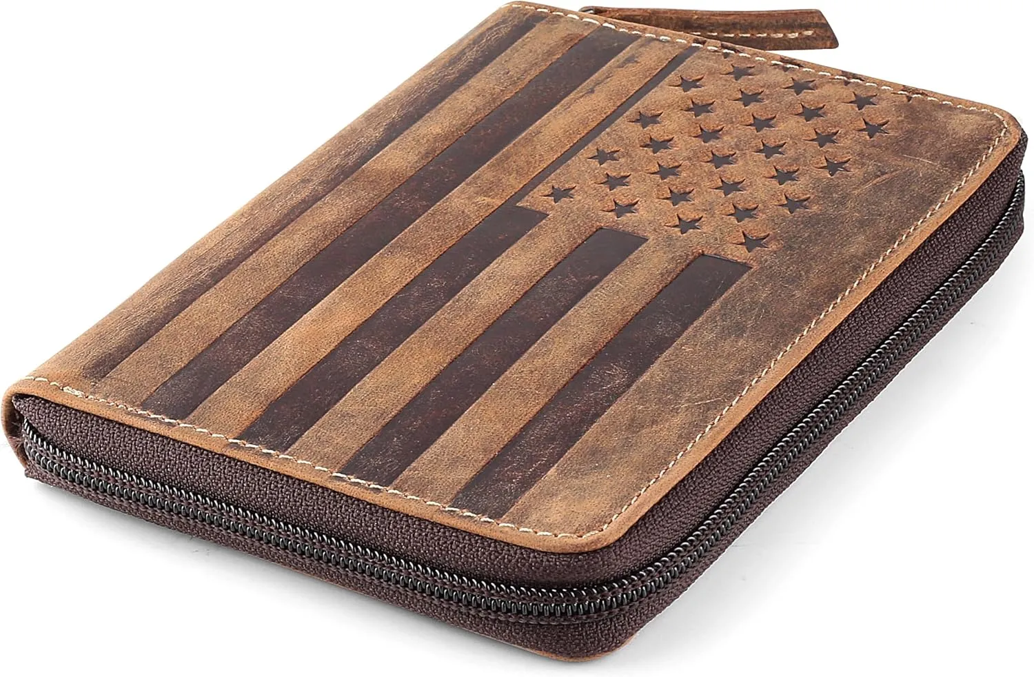Passport Wallet - Travel Document Holder w/RFID Blocking ?C Full Grain Leather ?C Bifold compact zip around Wallet with Credit Card Slots for Women and Men, brown flag, 500-32