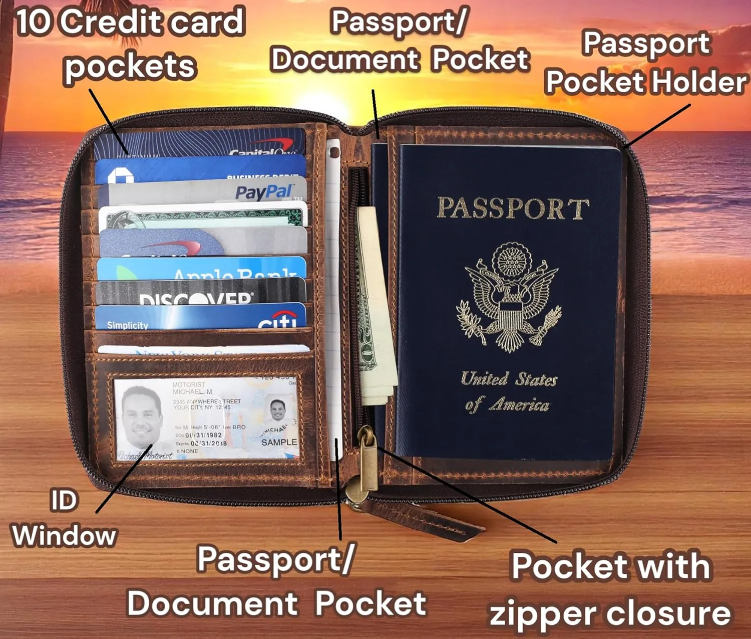 Passport Wallet - Travel Document Holder w/RFID Blocking ?C Full Grain Leather ?C Bifold compact zip around Wallet with Credit Card Slots for Women and Men, brown flag, 500-32