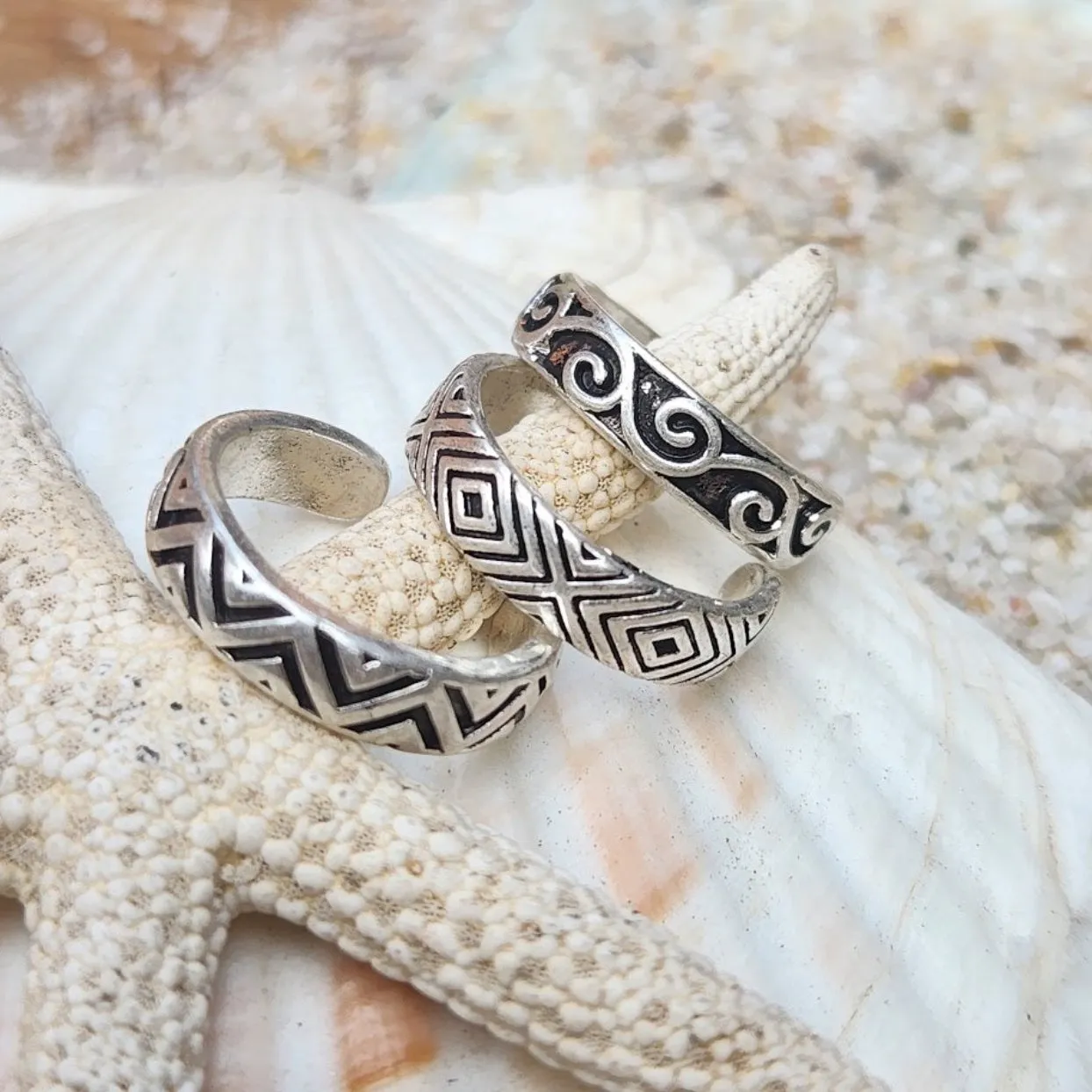 TRIBAL STYLE BOHO SET OF 3 - SILVER TOE RINGS