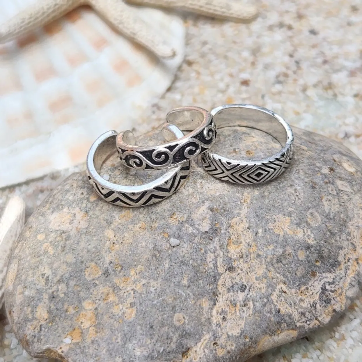 TRIBAL STYLE BOHO SET OF 3 - SILVER TOE RINGS