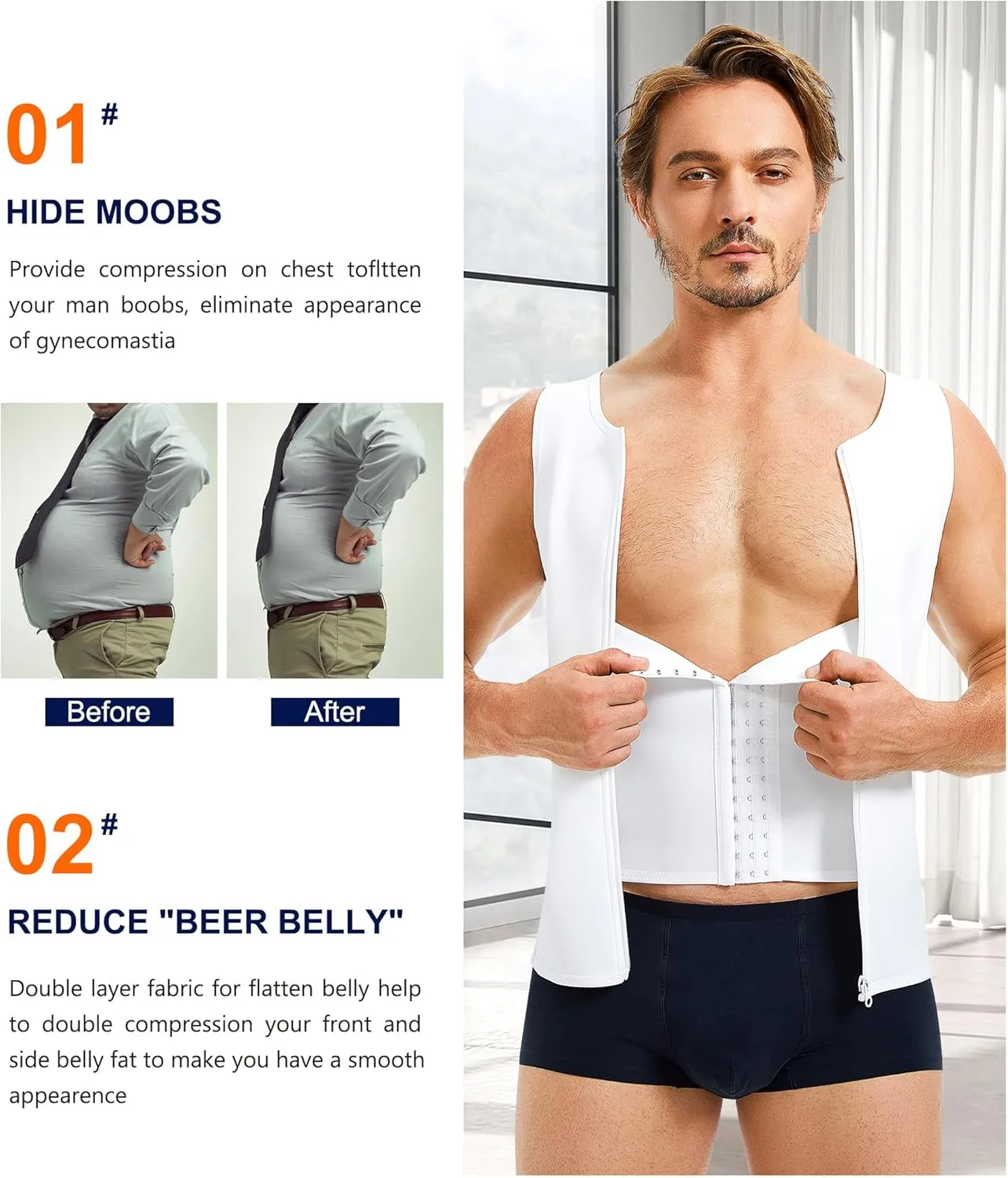 Wonderience Men Shapewear Slimming Body Shaper Compression Shirt Tank top with Zipper Underwear For tummy control